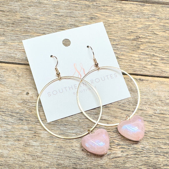Heart Drop Gold Hoop Earrings | Baby Pink