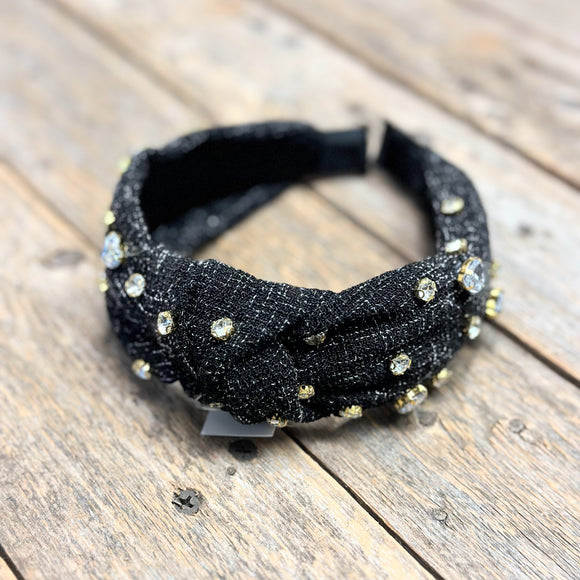 Textured Crystal+Pearl Knot Headband | Black