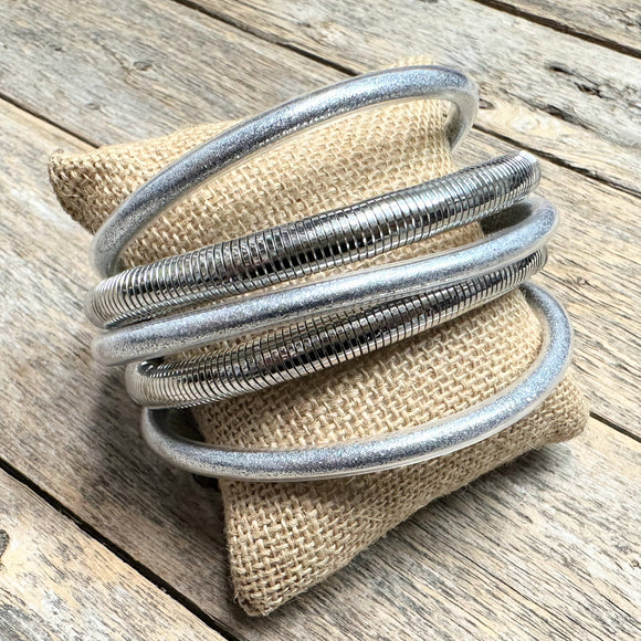 Silicone Bangle+Stretch Bracelet Set | Silver