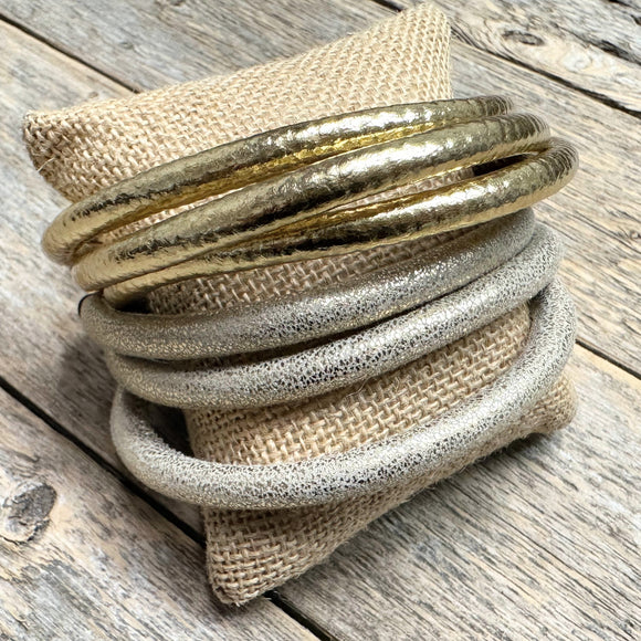 Metallic Faux Leather Bangle Bracelet Set | Gold
