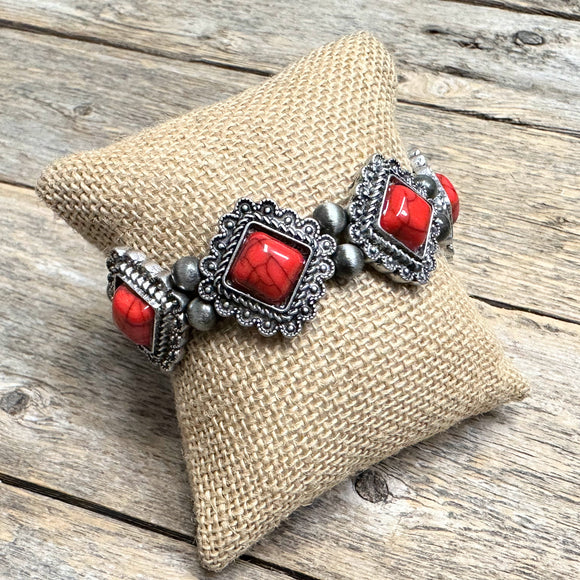 Western Silver Stretch Bracelet | Red