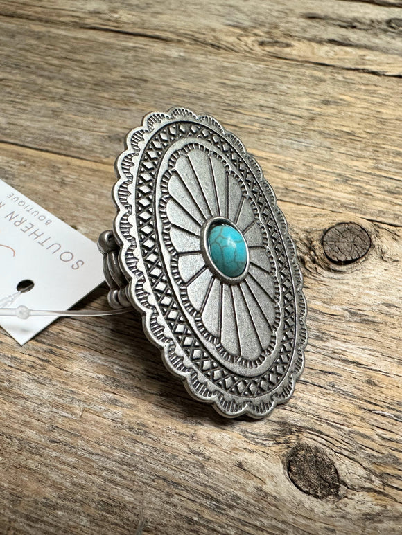 Western Beaded Stretch Ring | Antique Silver+Turquoise