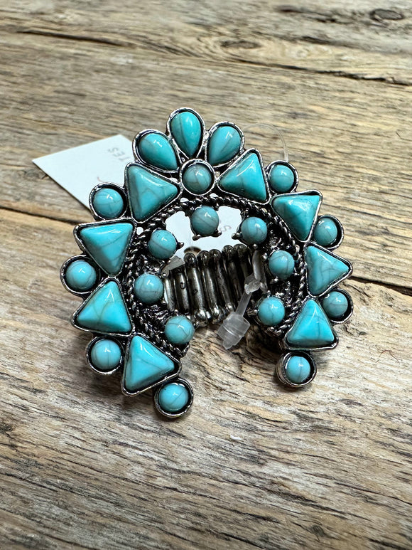 Western Beaded Stretch Ring | Silver+Turquoise