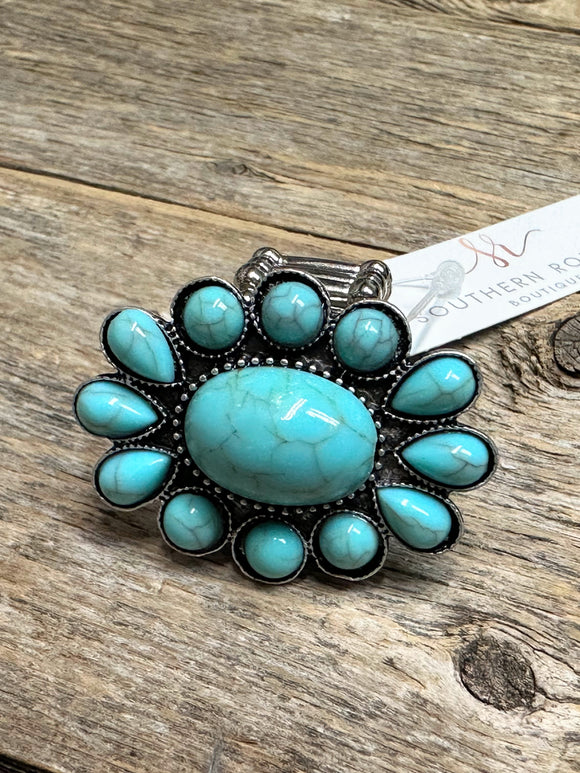 Western Beaded Stretch Ring | Silver+Turquoise