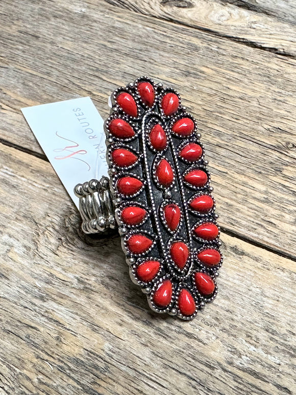 Western Beaded Stretch Ring | Red+Silver