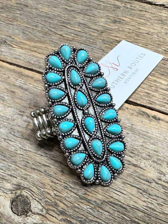 Western Beaded Stretch Ring | Turquoise+Silver