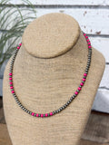 Western Beaded Silver Short Necklace | Hot Pink