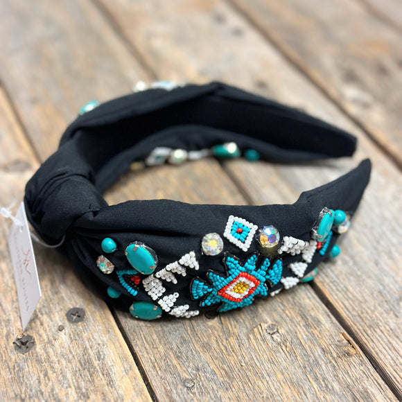Embellished Knot Headband | Black Aztec