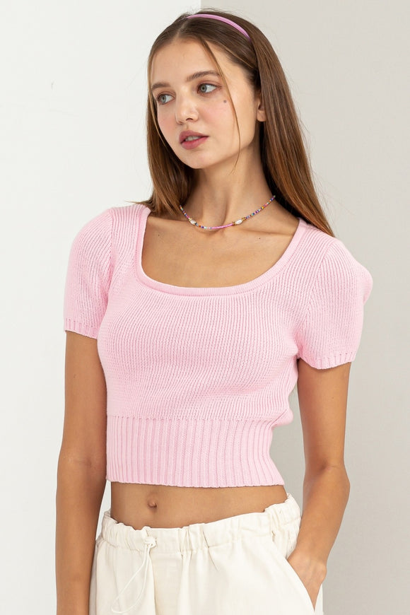 Cropped Ribbed Spring Sweater Top | Pink