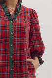 Plaid Ruffle Trim Button Dress | Red