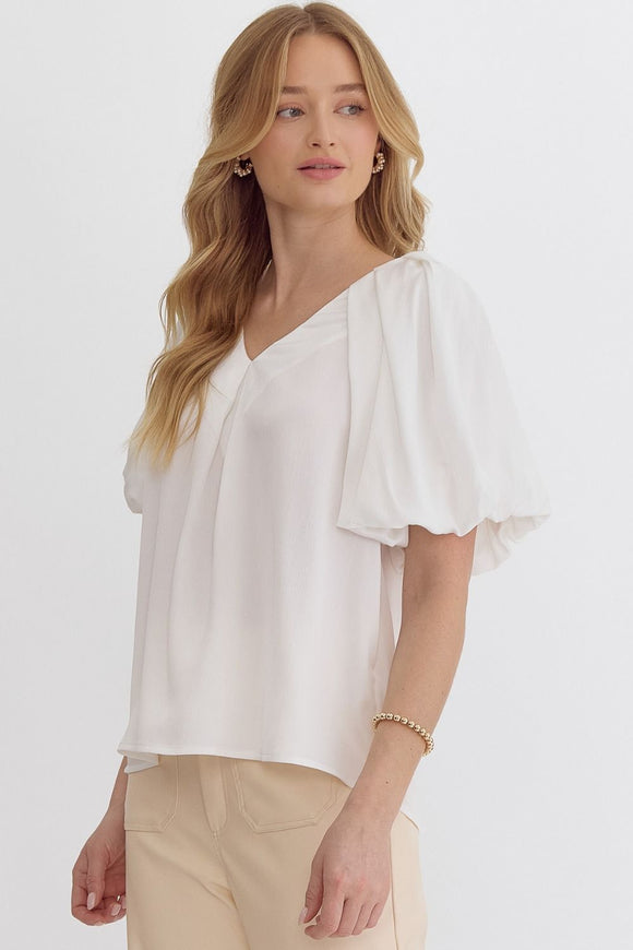 Satin Bubble Sleeve Pleated Top | Off White