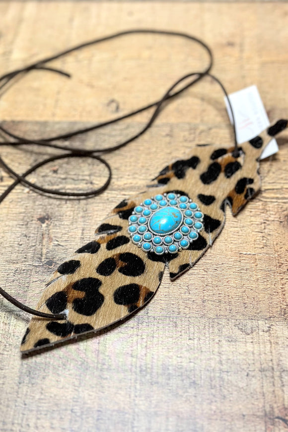 Hand Cut Leather Feather Hat Band | Leopard Turq Concho
