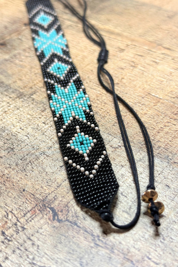 Seed Bead Aztec Hat Band | Black+Turquoise