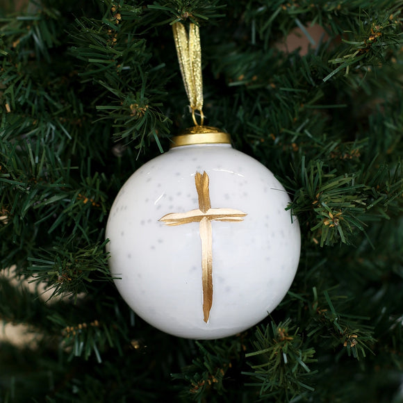 Cross Glass Ball Ornament | White+Gold