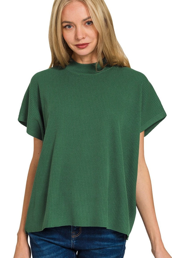 Ribbed Mock Neck Boxy Sweater Top | Dark Green
