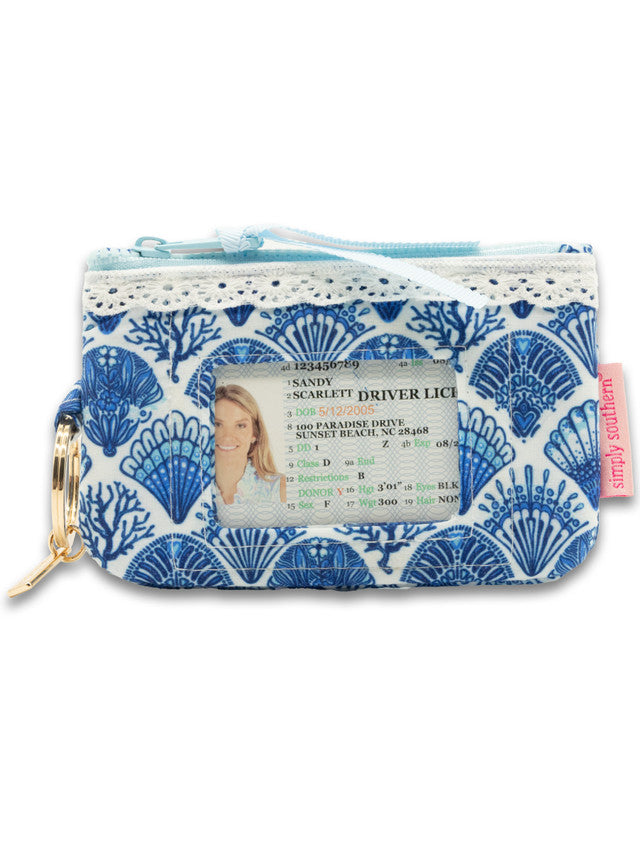 Zipper ID Keyring Wallet | Blue Seashells