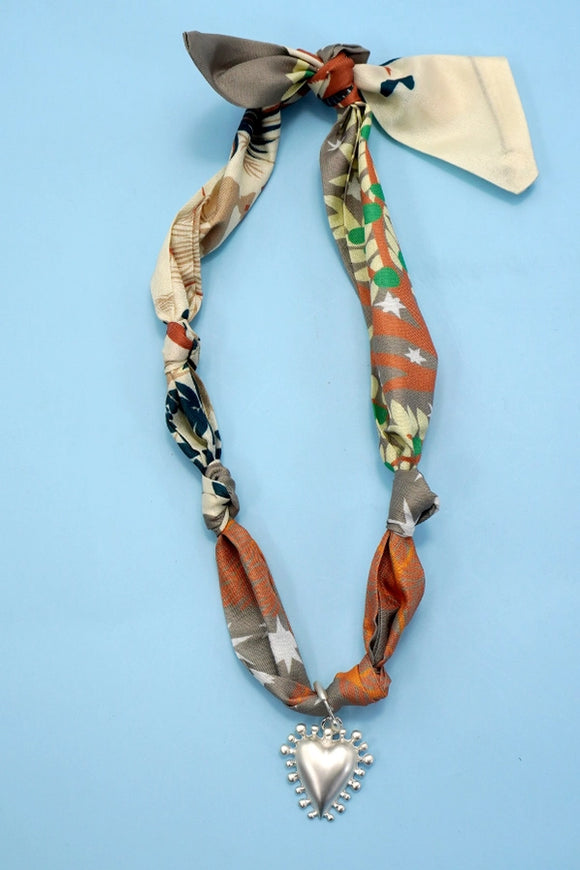 Handmade Scarf Necklace | Camel/Silver Heart