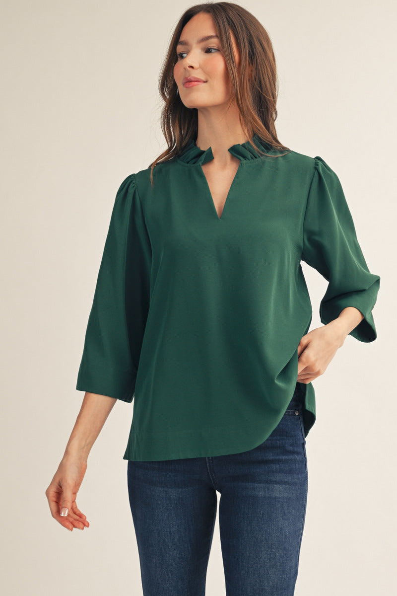 Ruffled Neck Crinkled 3/4 Sleeve Top | Hunter Green