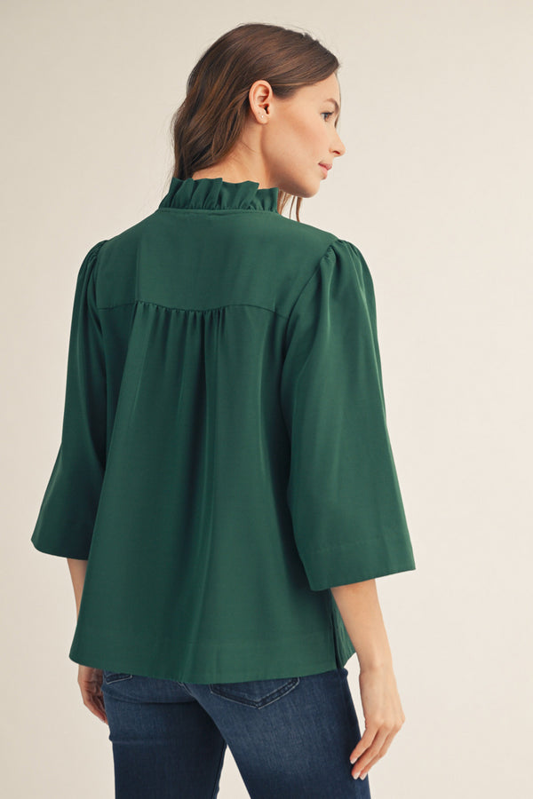 Ruffled Neck Crinkled 3/4 Sleeve Top | Hunter Green