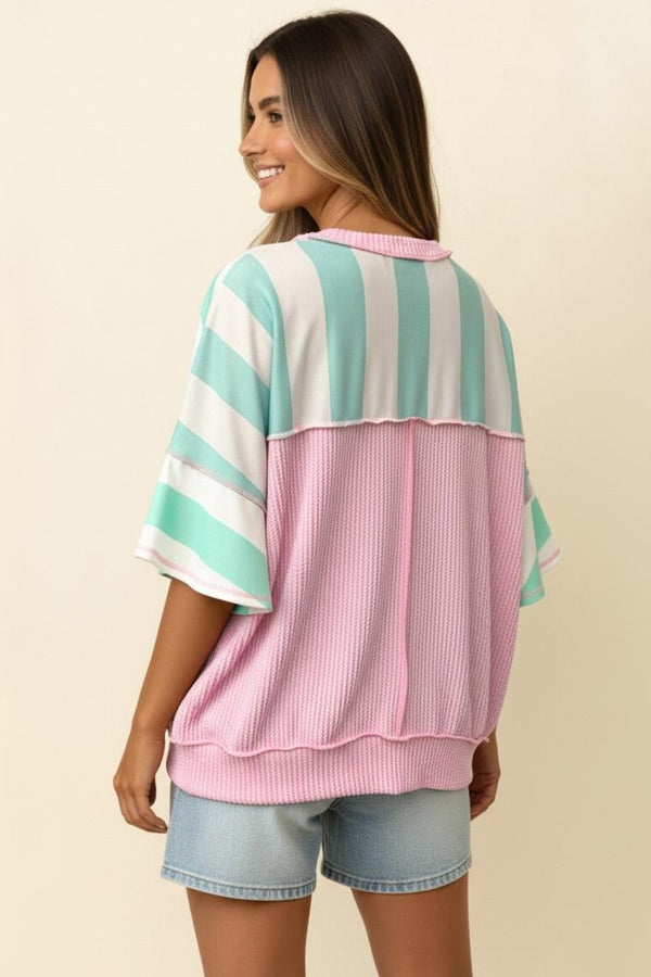 Flutter Elbow Sleeve Stripe Top | Mint/Blush