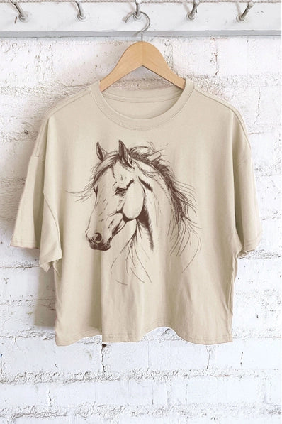 Horse Sketch Midi Crop Tee | Khaki
