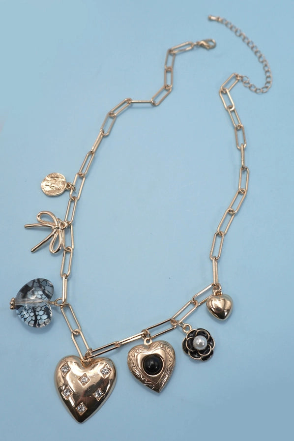 Gold Charm Necklace | Flower Bow Heart Locket