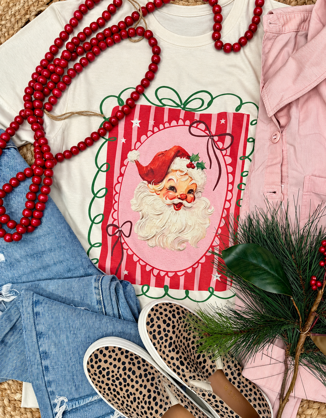 Vintage Pink Santa Frame Tee w/ Crystal Bling | Natural