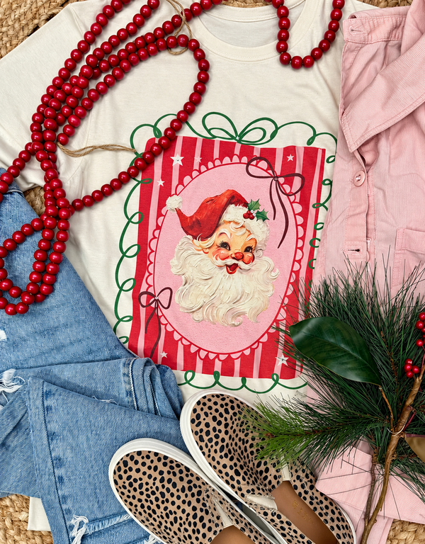 Vintage Pink Santa Frame Tee w/ Crystal Bling | Natural