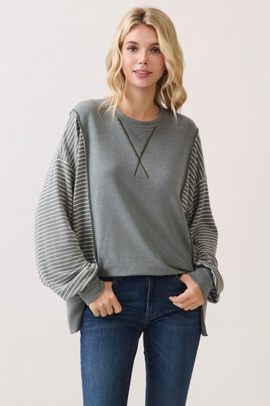 Stripe Contrast Pullover Top | Vintage Olive