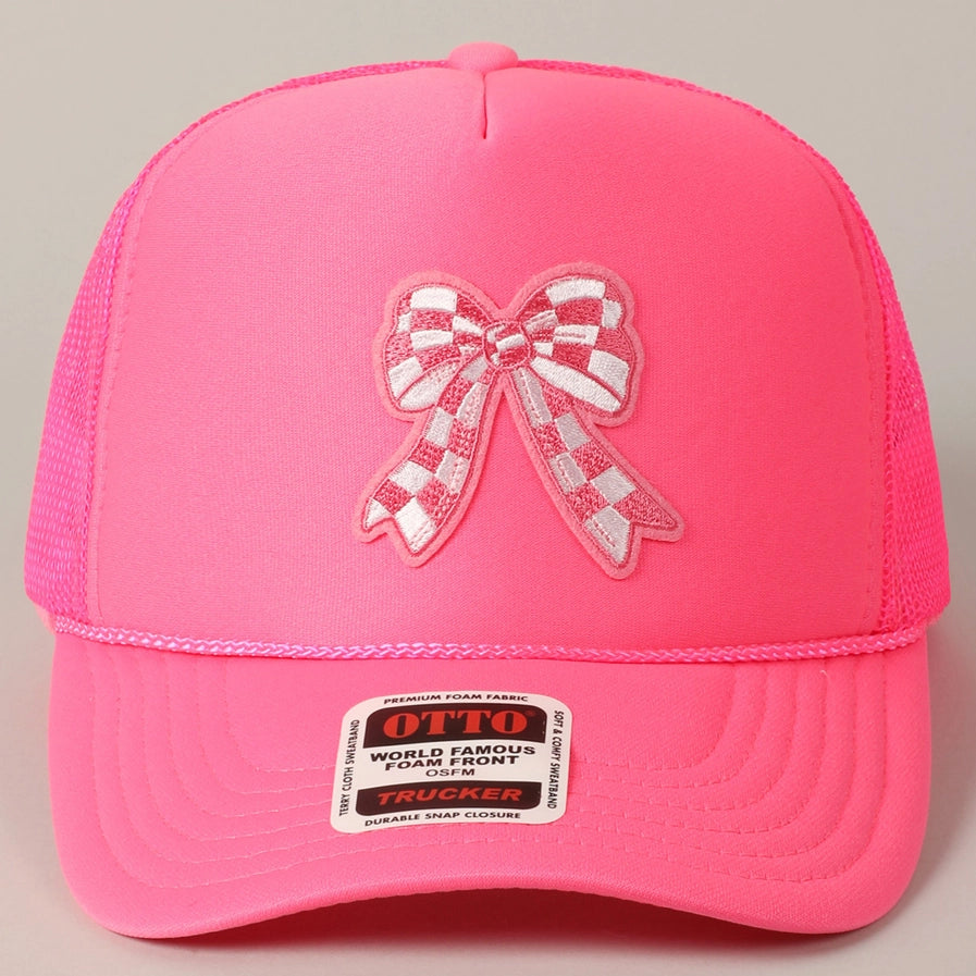 Checkered Bow Trucker Cap | Neon Pink