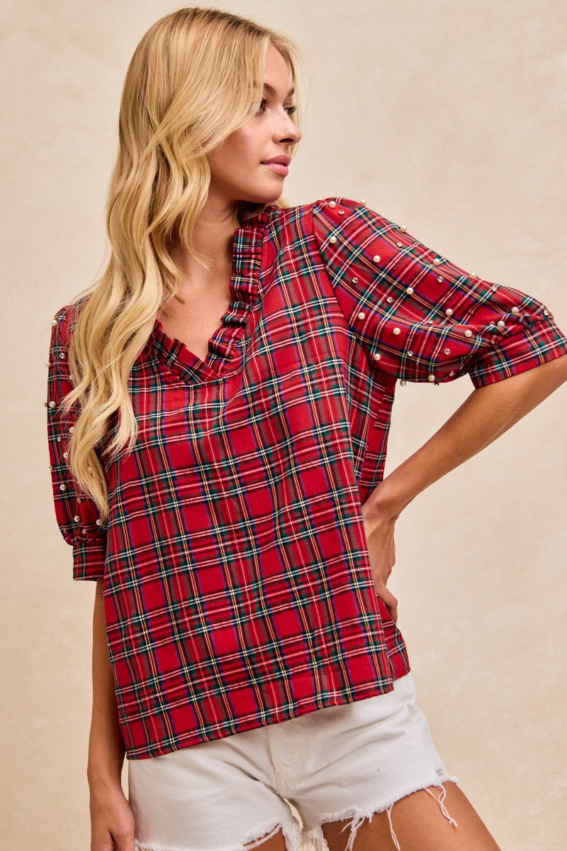 Christmas Plaid Pearl Accent Top | Red
