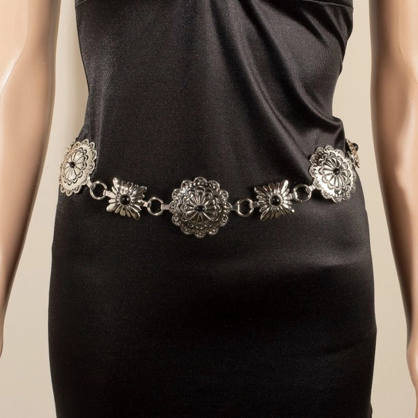 Western Turquoise Stud Floral Belt | Black/Silver