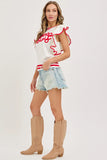Game Day Ruffle Sleeve Knit Top | White/Red