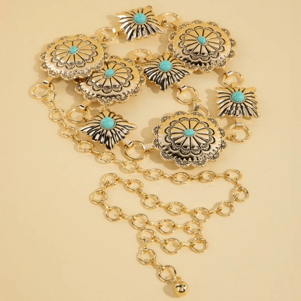 Western Turquoise Stud Floral Belt | Turquoise/Gold