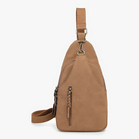 Nikki Dual Compartment Sling Bag | Suede Tan