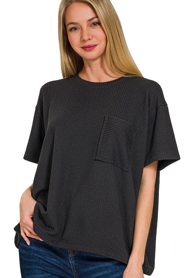 Raised Rib Pocket Top | Black