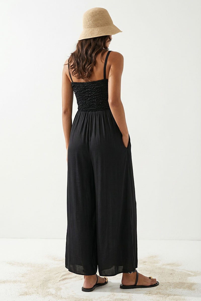 Cord Detail Smocking Jumpsuit | Black