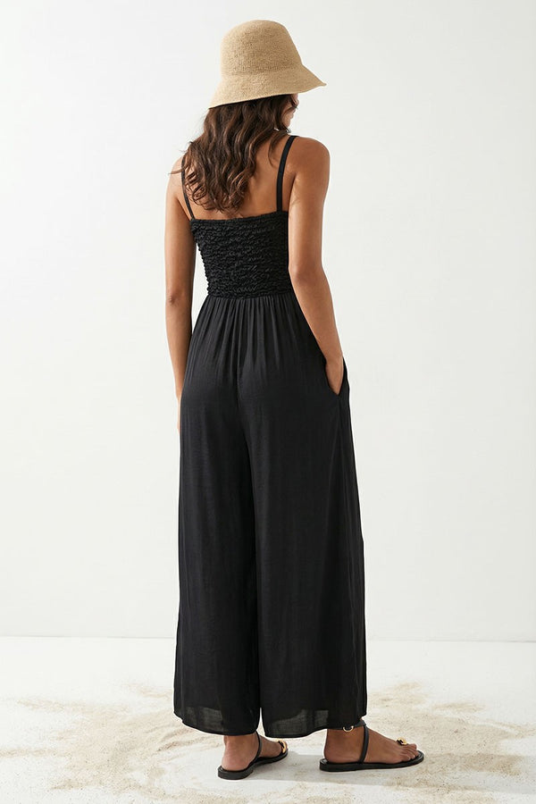 Cord Detail Smocking Jumpsuit | Black