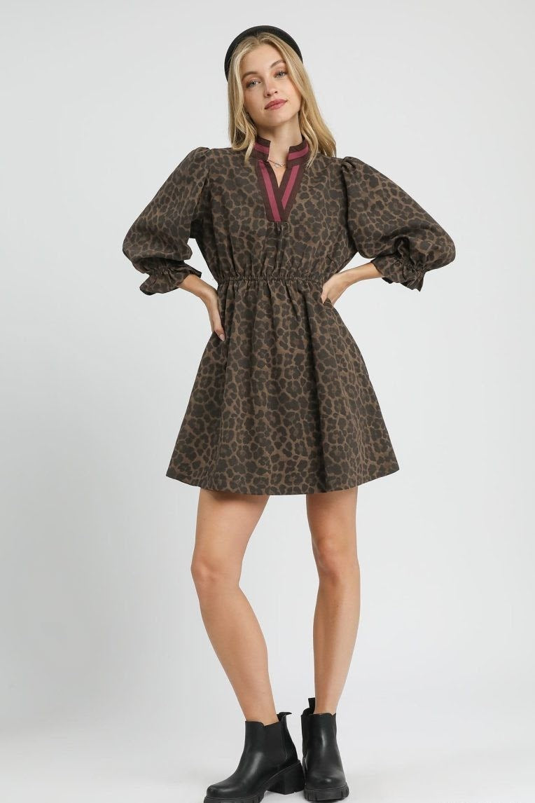 Leopard Puff Sleeve Dress | Chocolate