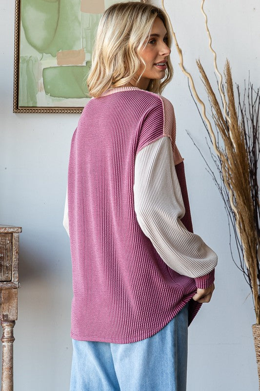Color Block Rib Button Top | Marsala