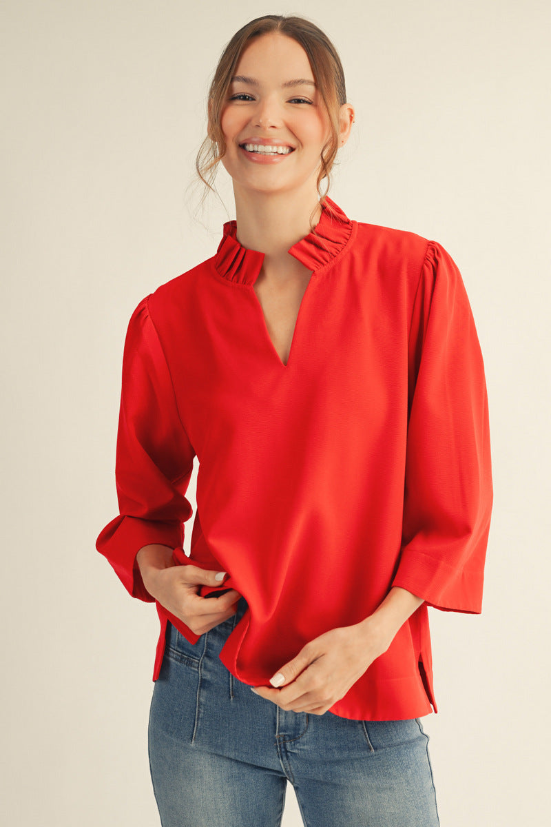 Ruffled Neck Crinkled 3/4 Sleeve Top | Red