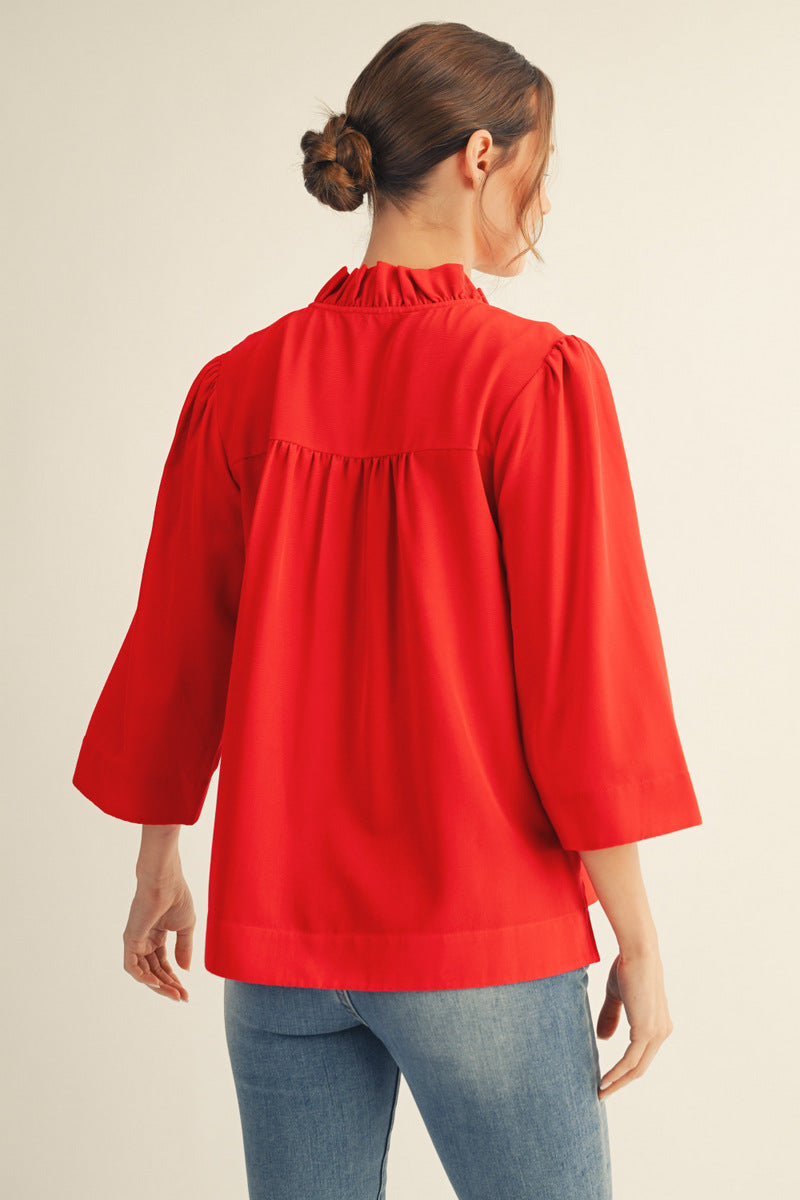 Ruffled Neck Crinkled 3/4 Sleeve Top | Red