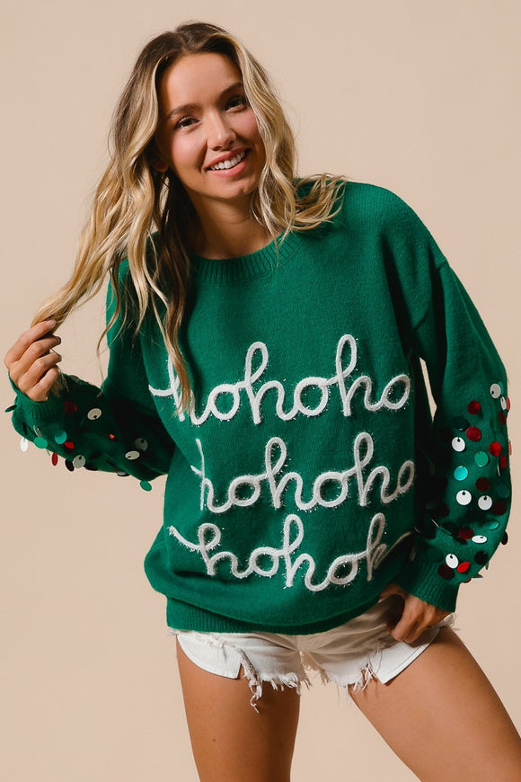 Ho Ho Ho Tinsel Sequin Sleeve Sweater | Green