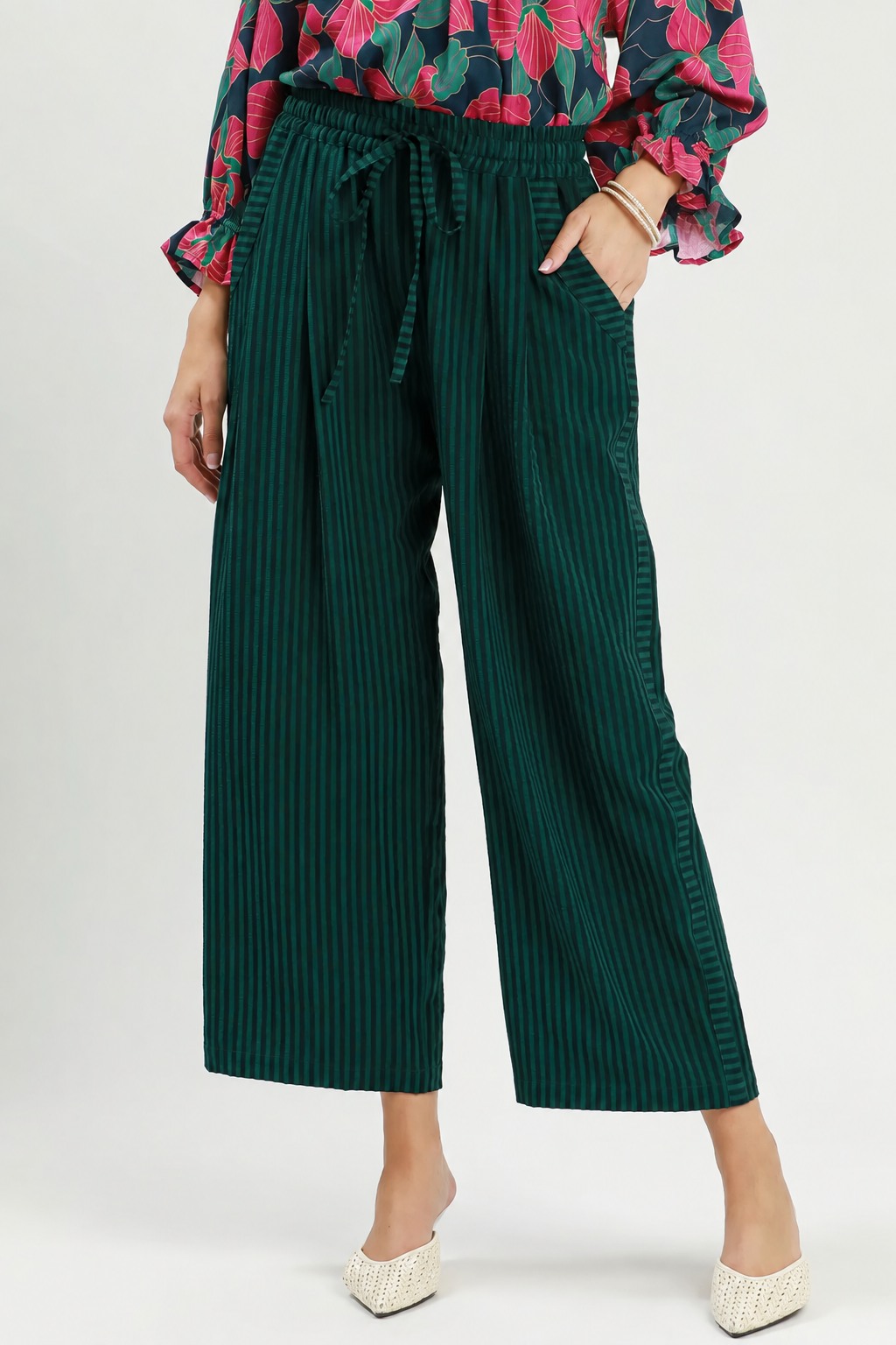 Stripe Wide Leg Pants | Teal