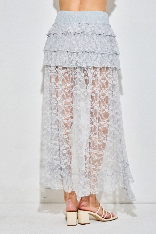 Lace Tiered Maxi Skirt w/ Shorts | Light Blue