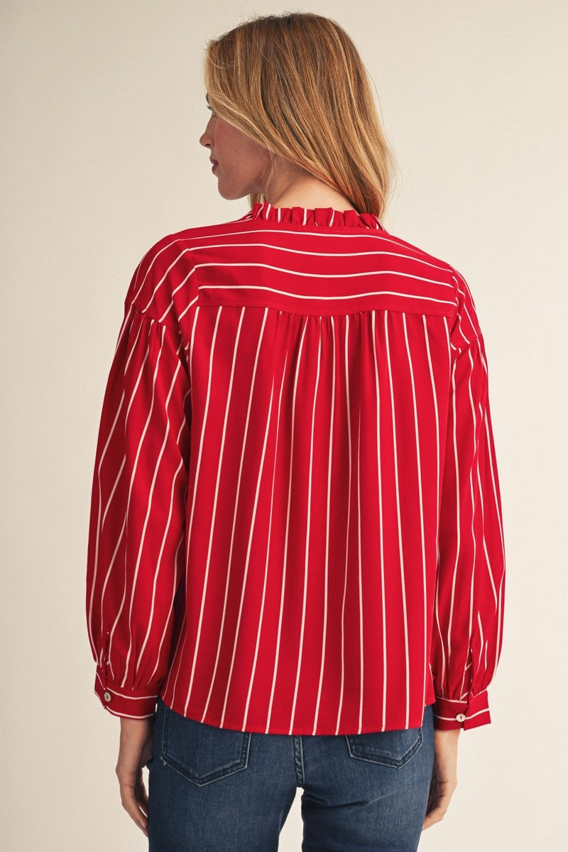 Ruffled Neckline Striped Button Top | Red