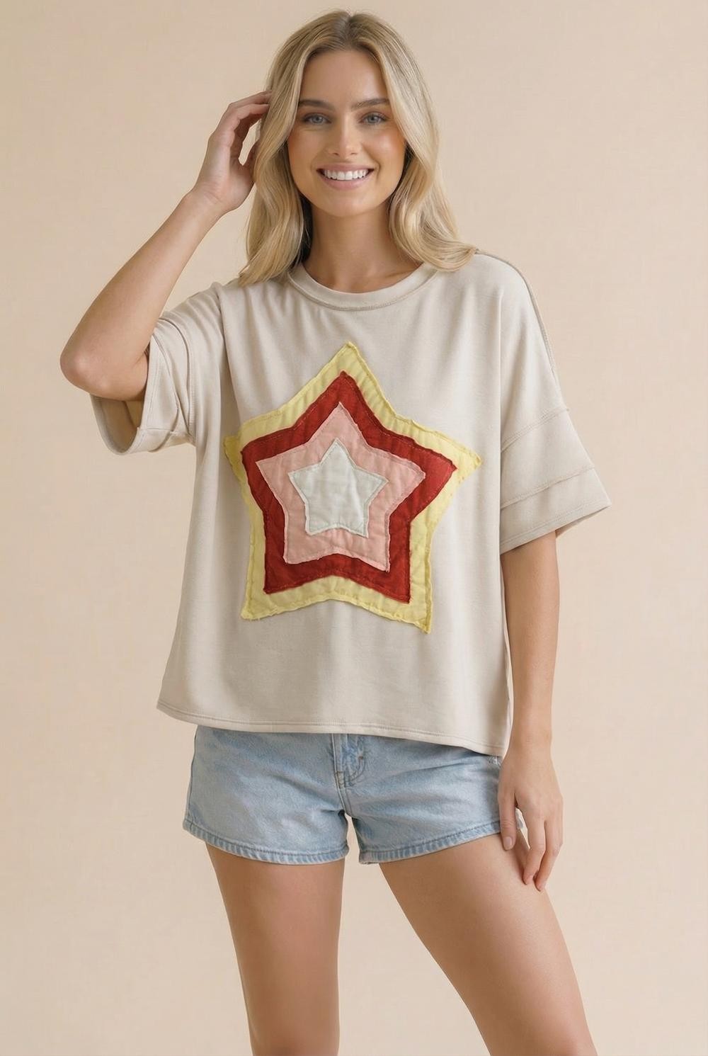 Star Multi Color Patchwork Top | Cream
