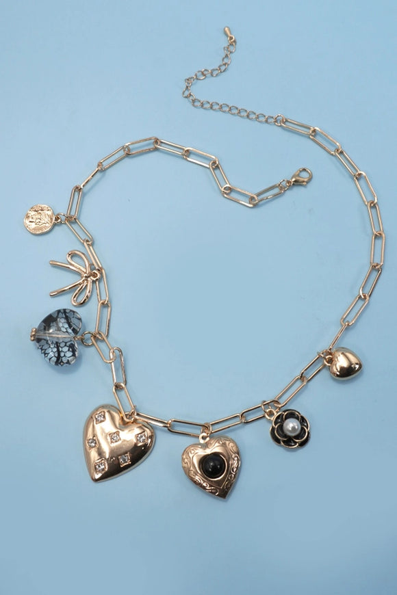 Gold Charm Necklace | Flower Bow Heart Locket