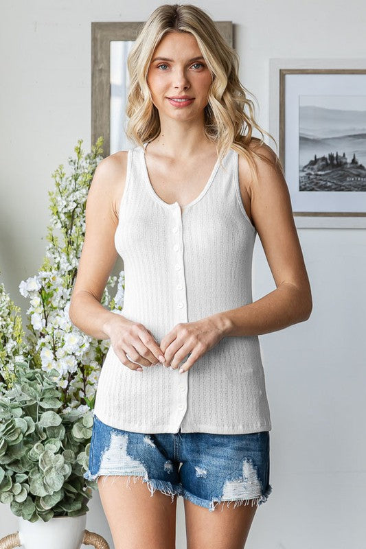 Pointelle Button Front Tank Top | Off White