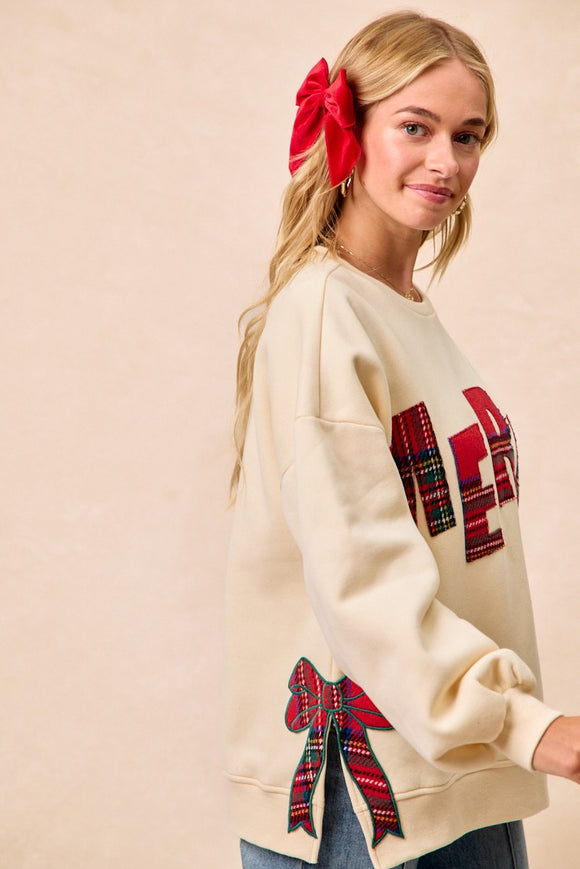 Merry Plaid Side Bow Patch Sweater Top | Cream